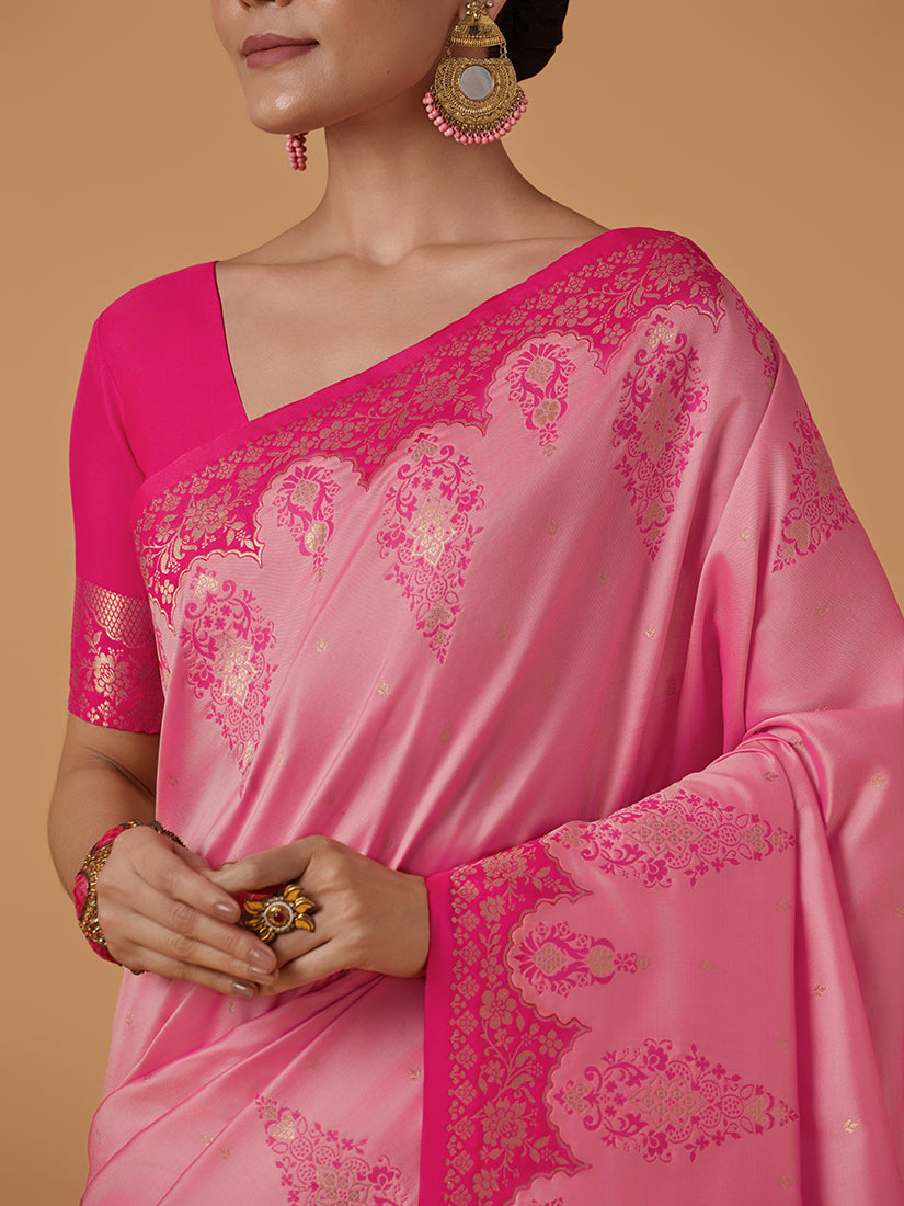 Monjolika Fashion Light Pink Banarasi Silk Blend SareeWith Zari Woven Rich Brocade Design | Grocsy