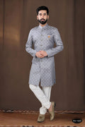 Joban Fashion Men's Grey Woven Jacquard Kurta with Pyjama | Grocsy