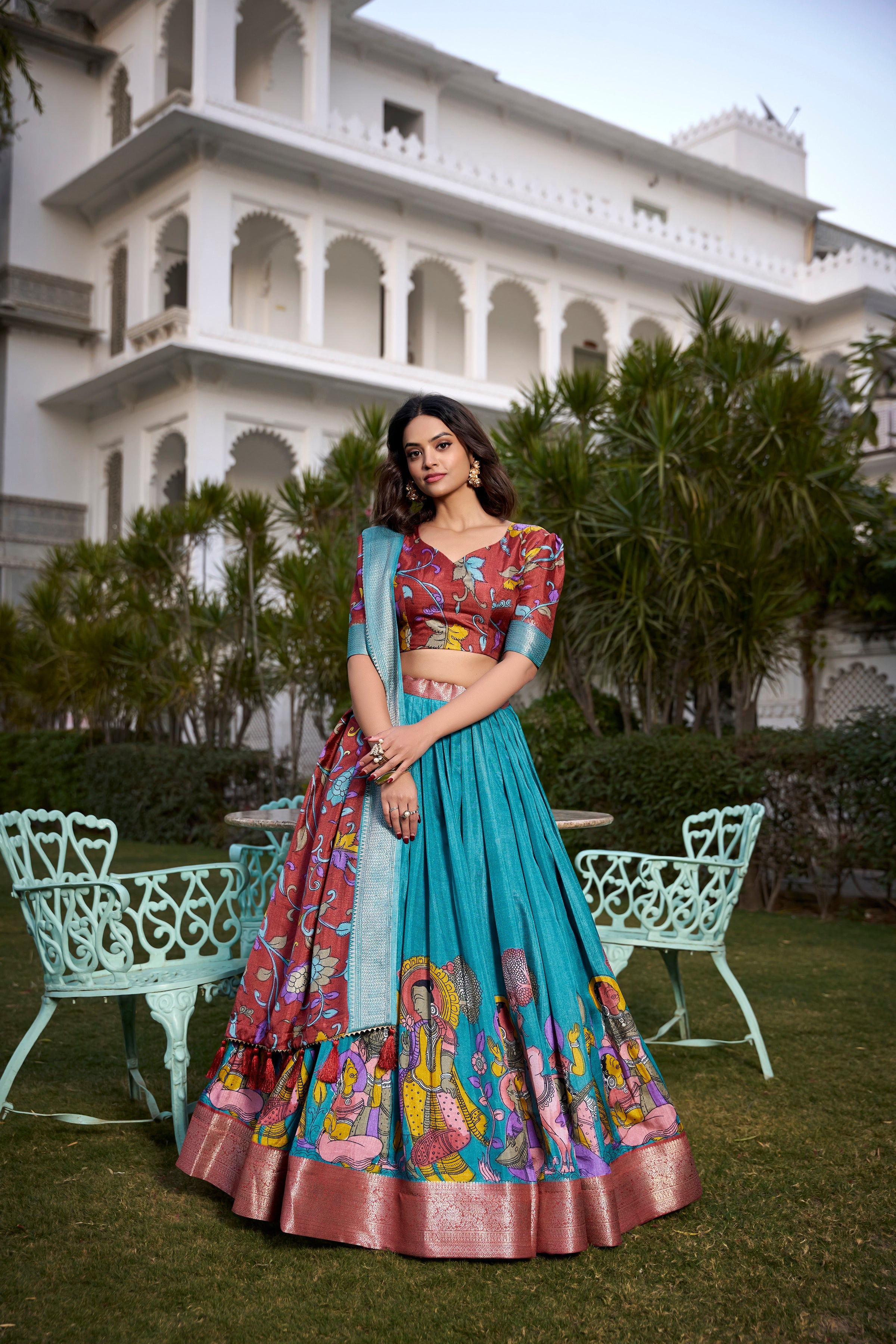Lorenvalley Firozi Dola Silk with Jacquard Printed (Kalamkari) with Zari Weaving Border Lehenga Choli | Grocsy
