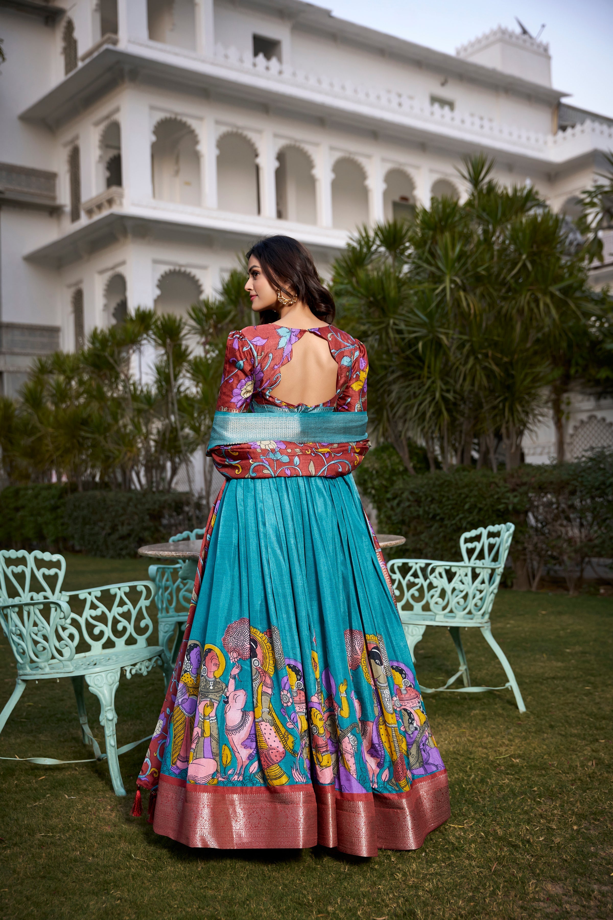 Lorenvalley Firozi Dola Silk with Jacquard Printed (Kalamkari) with Zari Weaving Border Lehenga Choli | Grocsy