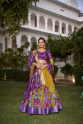 Lorenvalley Mustard Dola Silk with Jacquard Printed (Kalamkari) with Zari Weaving Border Lehenga Choli | Grocsy