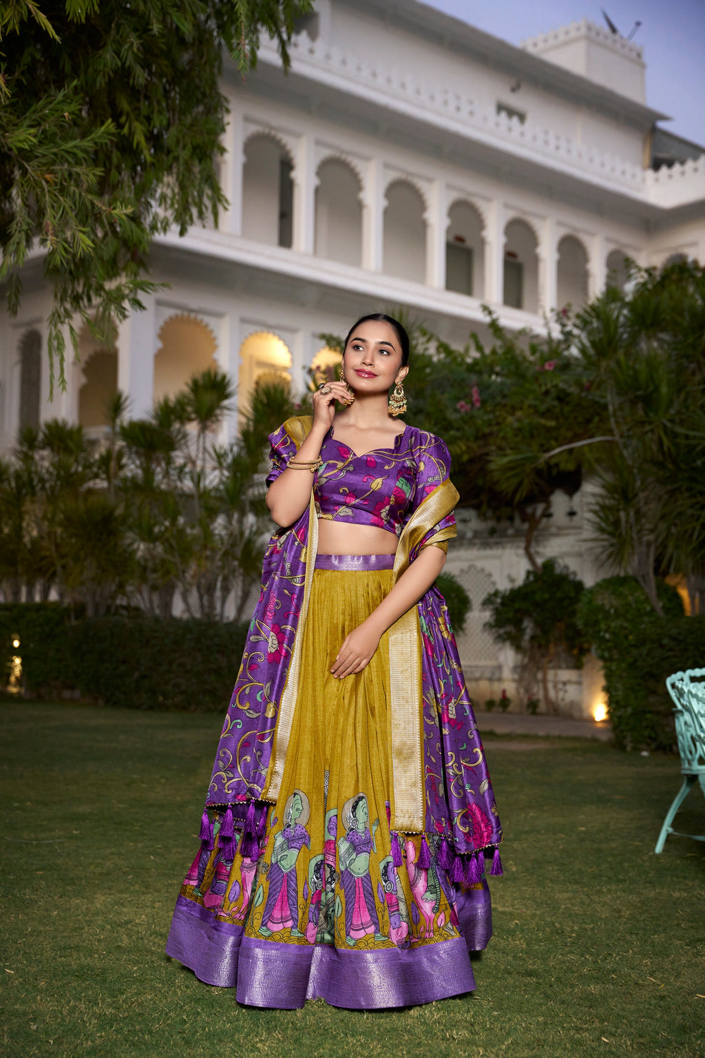 Lorenvalley Mustard Dola Silk with Jacquard Printed (Kalamkari) with Zari Weaving Border Lehenga Choli | Grocsy