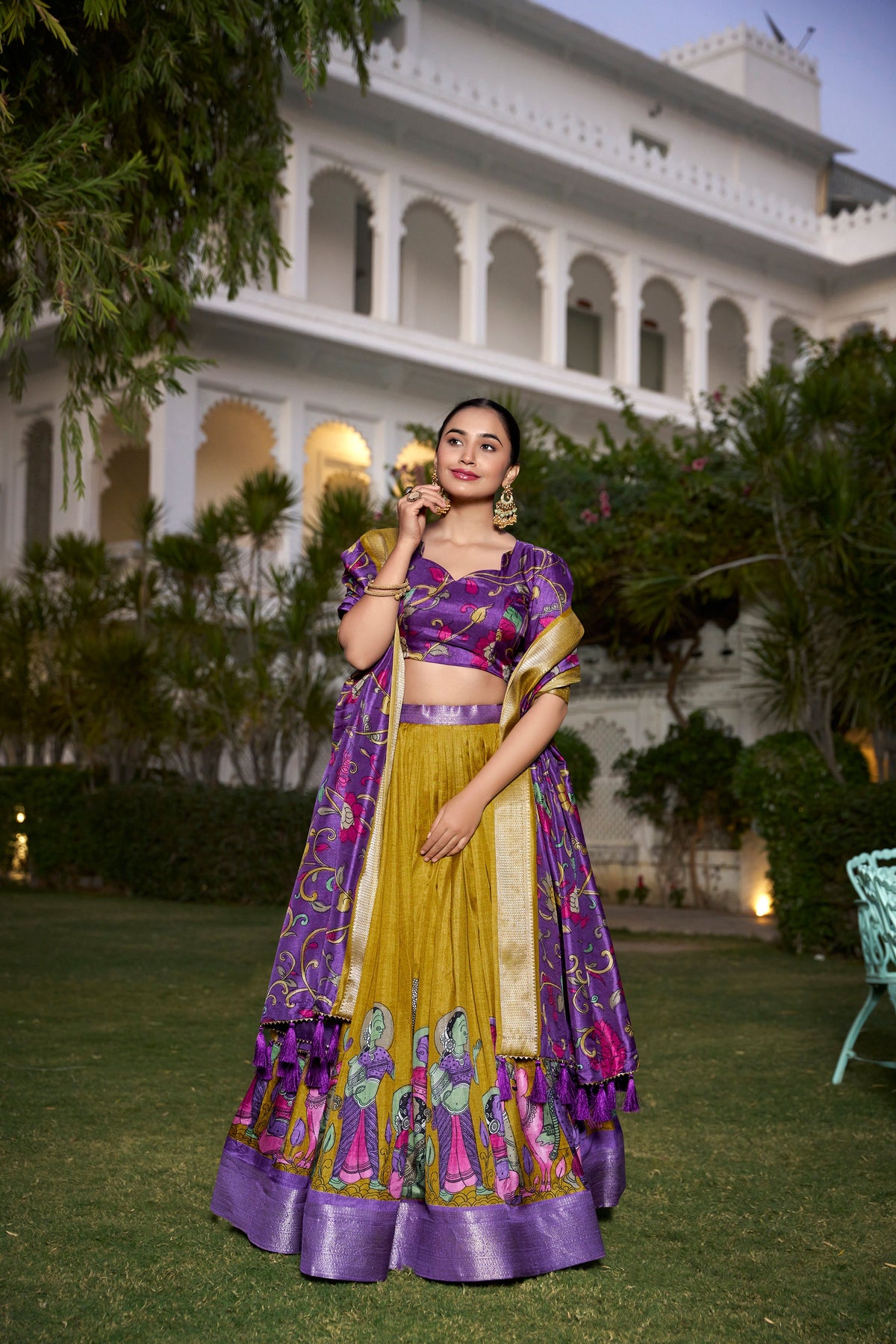 Lorenvalley Mustard Dola Silk with Jacquard Printed (Kalamkari) with Zari Weaving Border Lehenga Choli | Grocsy