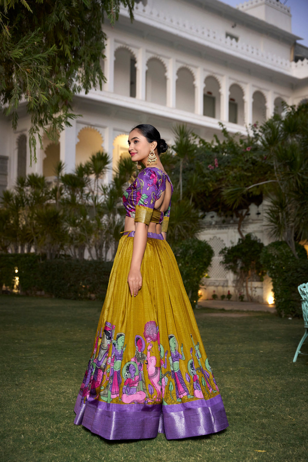 Lorenvalley Mustard Dola Silk with Jacquard Printed (Kalamkari) with Zari Weaving Border Lehenga Choli | Grocsy