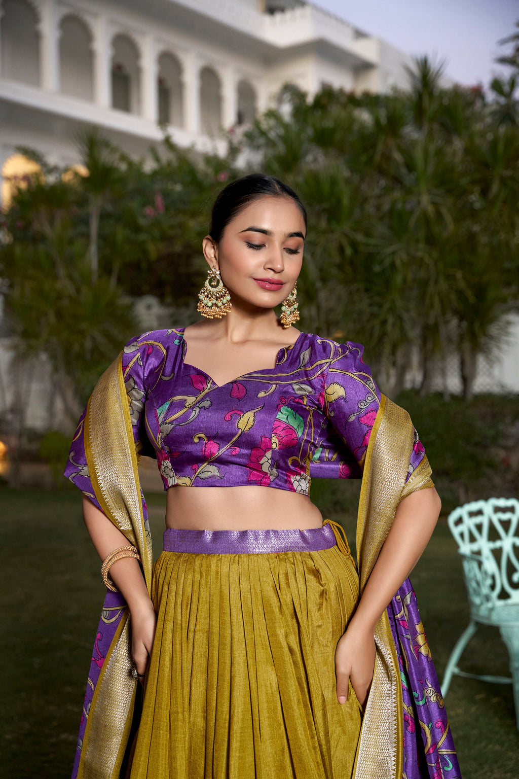 Lorenvalley Mustard Dola Silk with Jacquard Printed (Kalamkari) with Zari Weaving Border Lehenga Choli | Grocsy