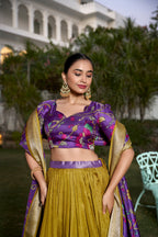 Lorenvalley Mustard Dola Silk with Jacquard Printed (Kalamkari) with Zari Weaving Border Lehenga Choli | Grocsy