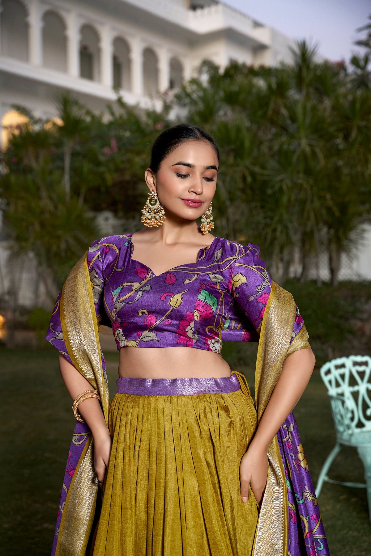 Lorenvalley Mustard Dola Silk with Jacquard Printed (Kalamkari) with Zari Weaving Border Lehenga Choli | Grocsy