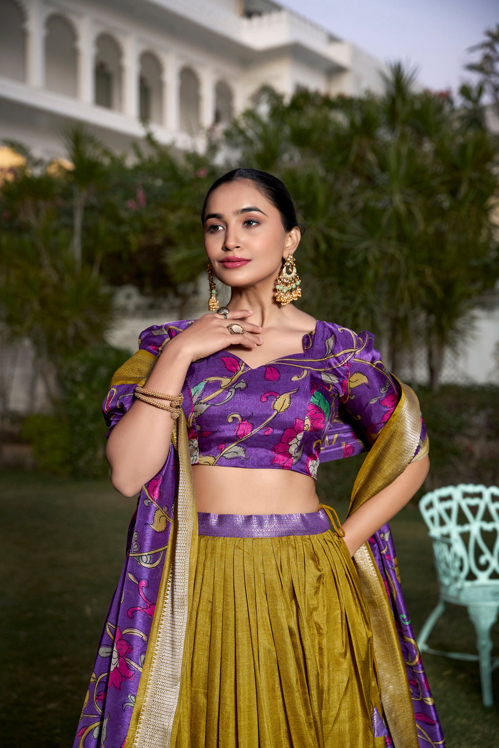 Lorenvalley Mustard Dola Silk with Jacquard Printed (Kalamkari) with Zari Weaving Border Lehenga Choli | Grocsy