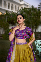 Lorenvalley Mustard Dola Silk with Jacquard Printed (Kalamkari) with Zari Weaving Border Lehenga Choli | Grocsy