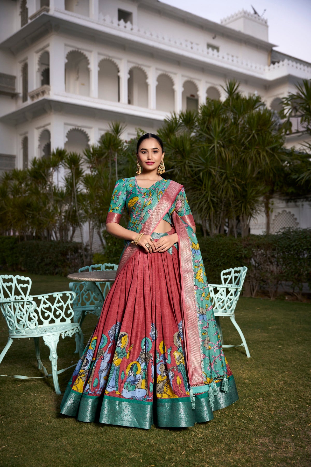 Lorenvalley Rust Dola Silk with Jacquard Printed (Kalamkari) with Zari Weaving Border Lehenga Choli | Grocsy