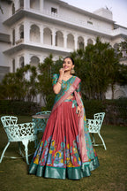Lorenvalley Rust Dola Silk with Jacquard Printed (Kalamkari) with Zari Weaving Border Lehenga Choli | Grocsy