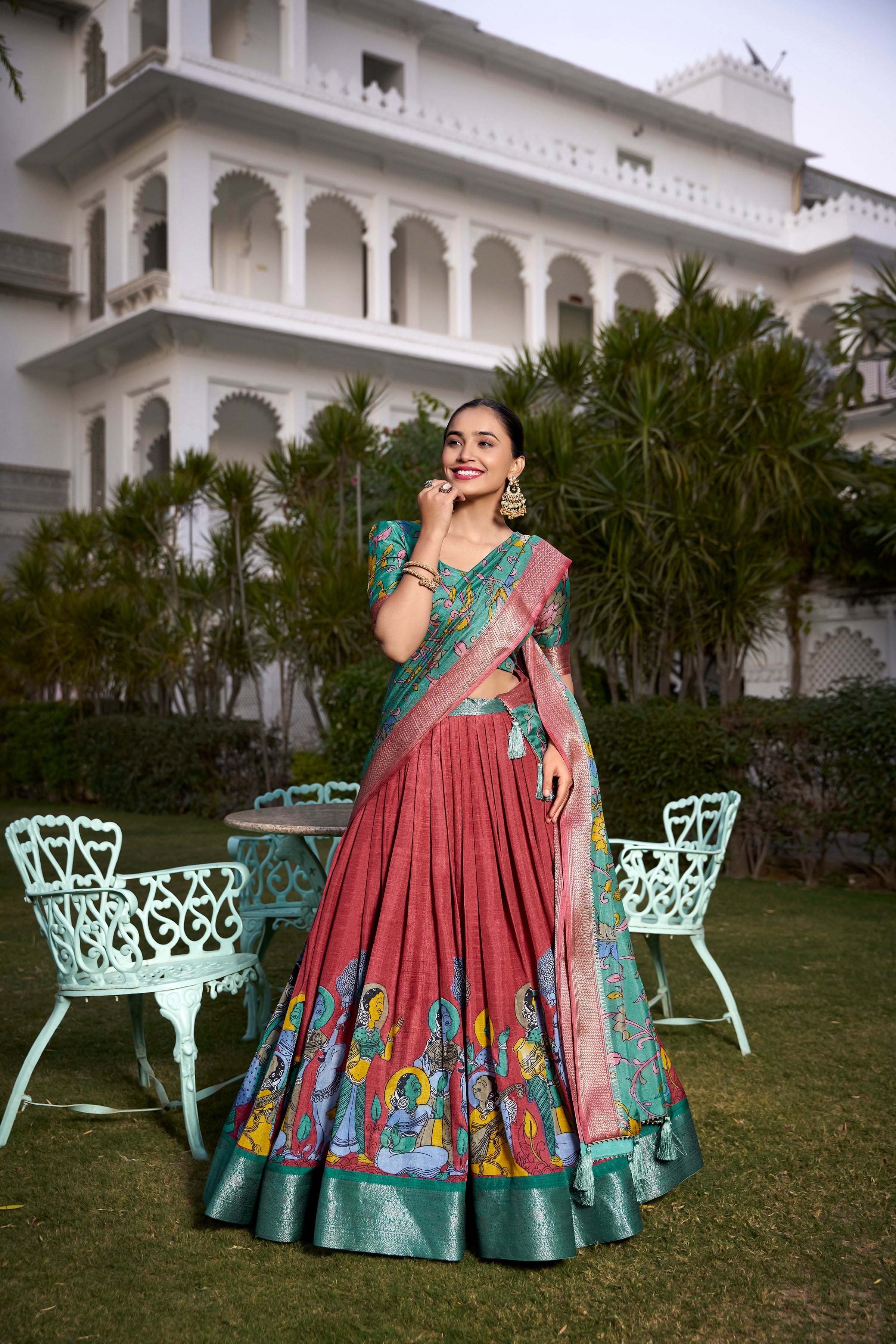 Lorenvalley Rust Dola Silk with Jacquard Printed (Kalamkari) with Zari Weaving Border Lehenga Choli | Grocsy