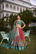 Lorenvalley Rust Dola Silk with Jacquard Printed (Kalamkari) with Zari Weaving Border Lehenga Choli | Grocsy