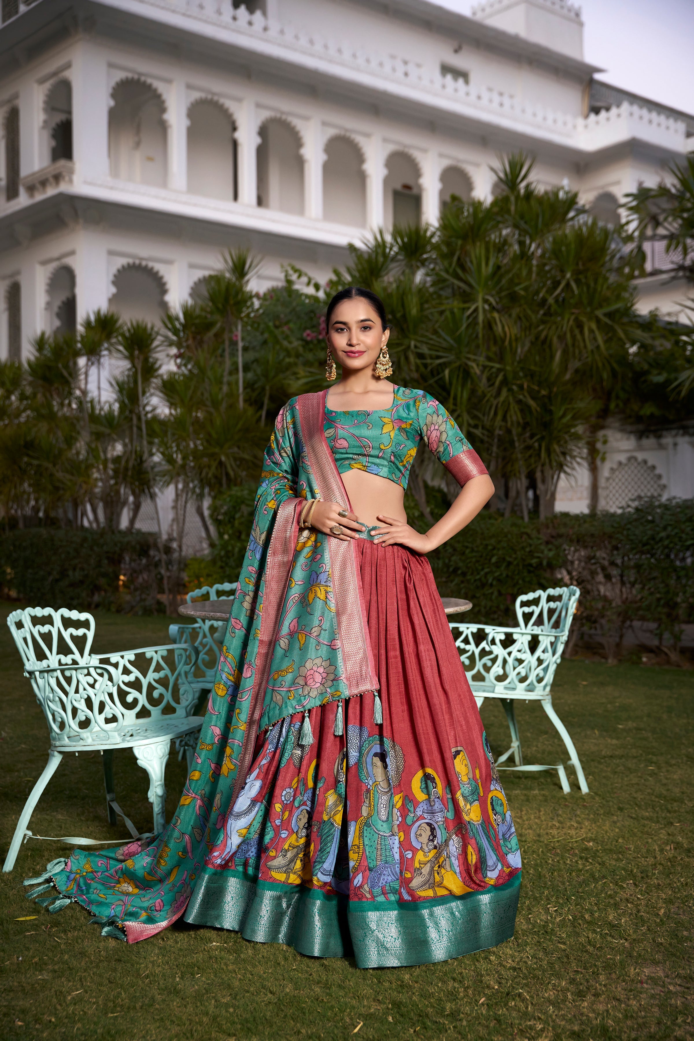 Lorenvalley Rust Dola Silk with Jacquard Printed (Kalamkari) with Zari Weaving Border Lehenga Choli | Grocsy