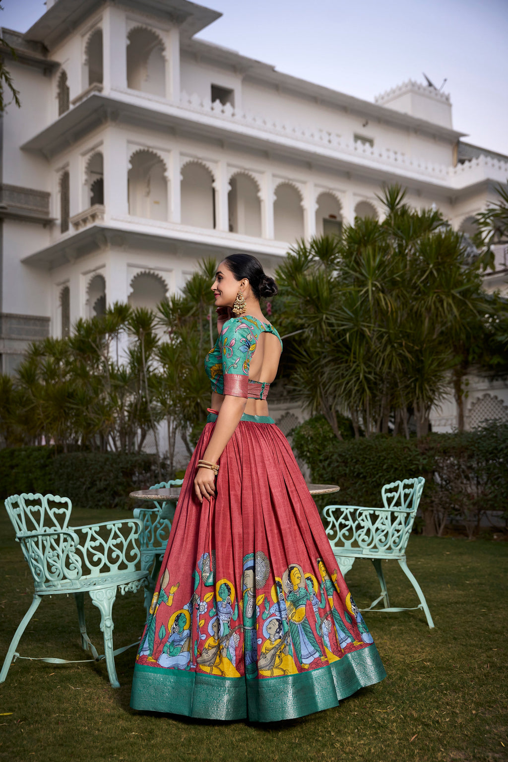 Lorenvalley Rust Dola Silk with Jacquard Printed (Kalamkari) with Zari Weaving Border Lehenga Choli | Grocsy