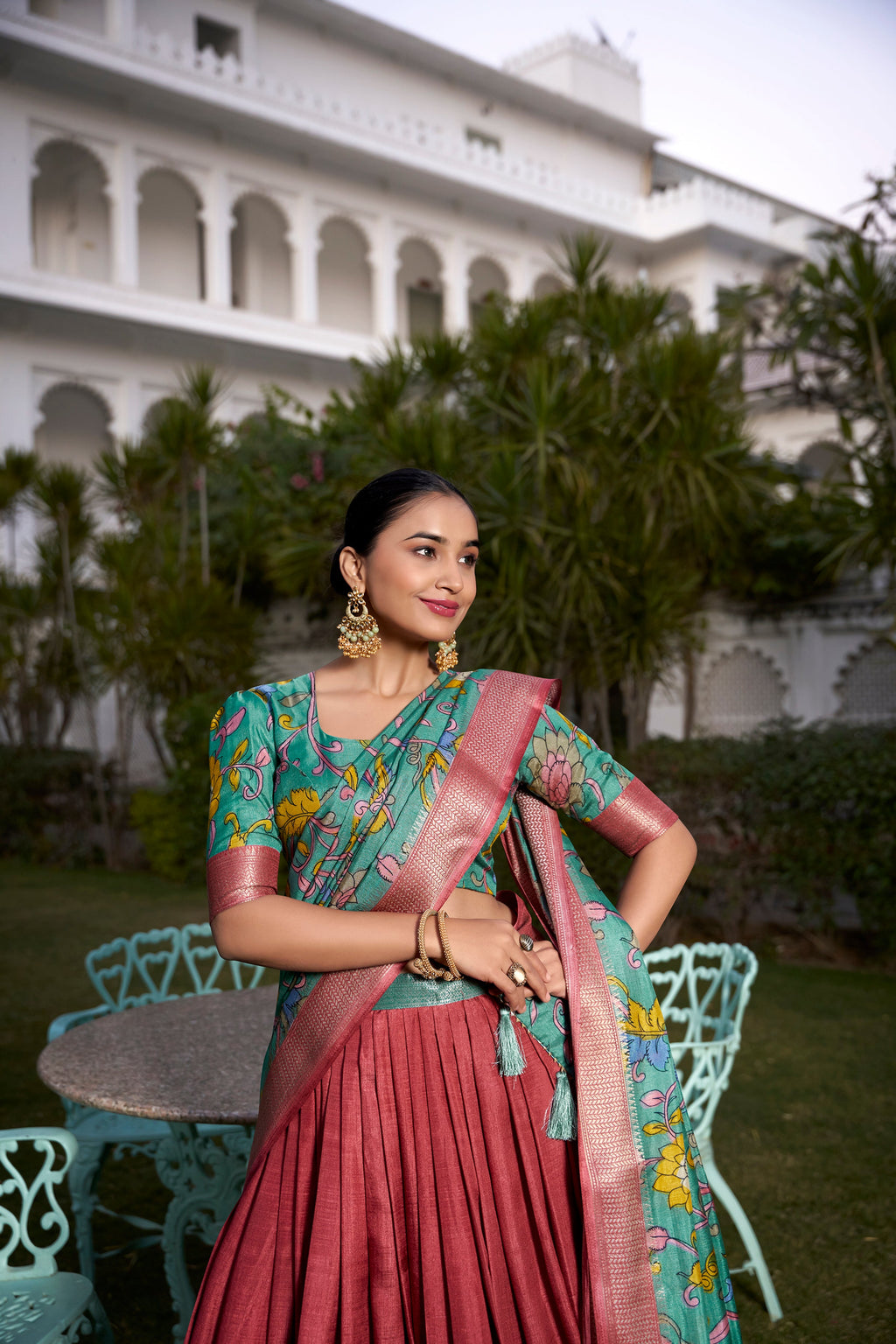 Lorenvalley Rust Dola Silk with Jacquard Printed (Kalamkari) with Zari Weaving Border Lehenga Choli | Grocsy