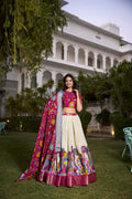 Lorenvalley White Dola Silk with Jacquard Printed (Kalamkari) with Zari Weaving Border Lehenga Choli | Grocsy