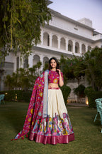 Lorenvalley White Dola Silk with Jacquard Printed (Kalamkari) with Zari Weaving Border Lehenga Choli | Grocsy