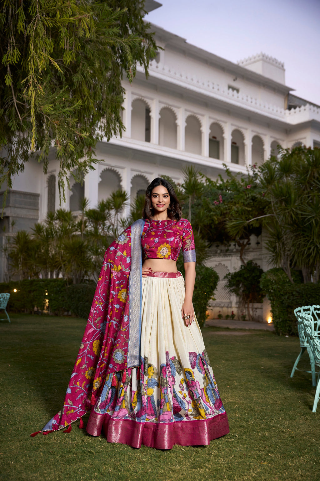 Lorenvalley White Dola Silk with Jacquard Printed (Kalamkari) with Zari Weaving Border Lehenga Choli | Grocsy