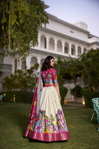 Lorenvalley White Dola Silk with Jacquard Printed (Kalamkari) with Zari Weaving Border Lehenga Choli | Grocsy