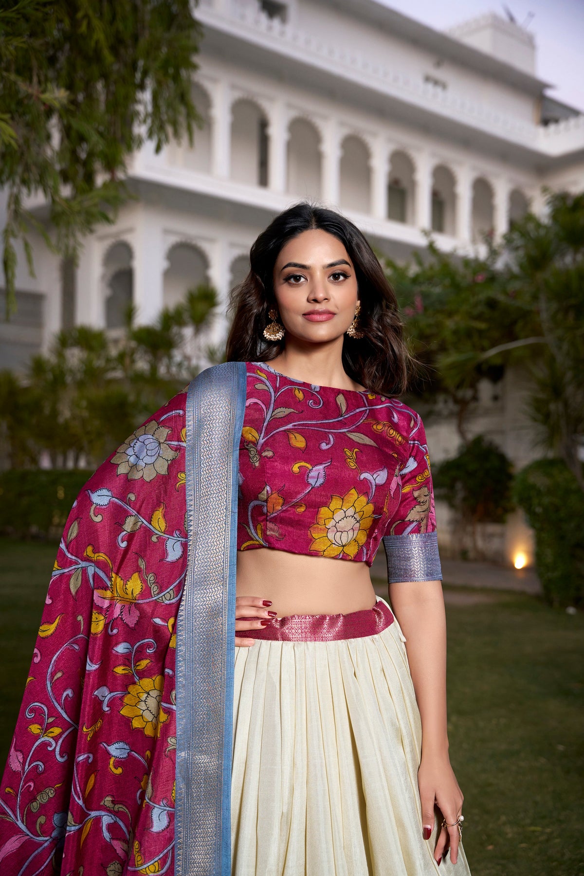 Lorenvalley White Dola Silk with Jacquard Printed (Kalamkari) with Zari Weaving Border Lehenga Choli | Grocsy