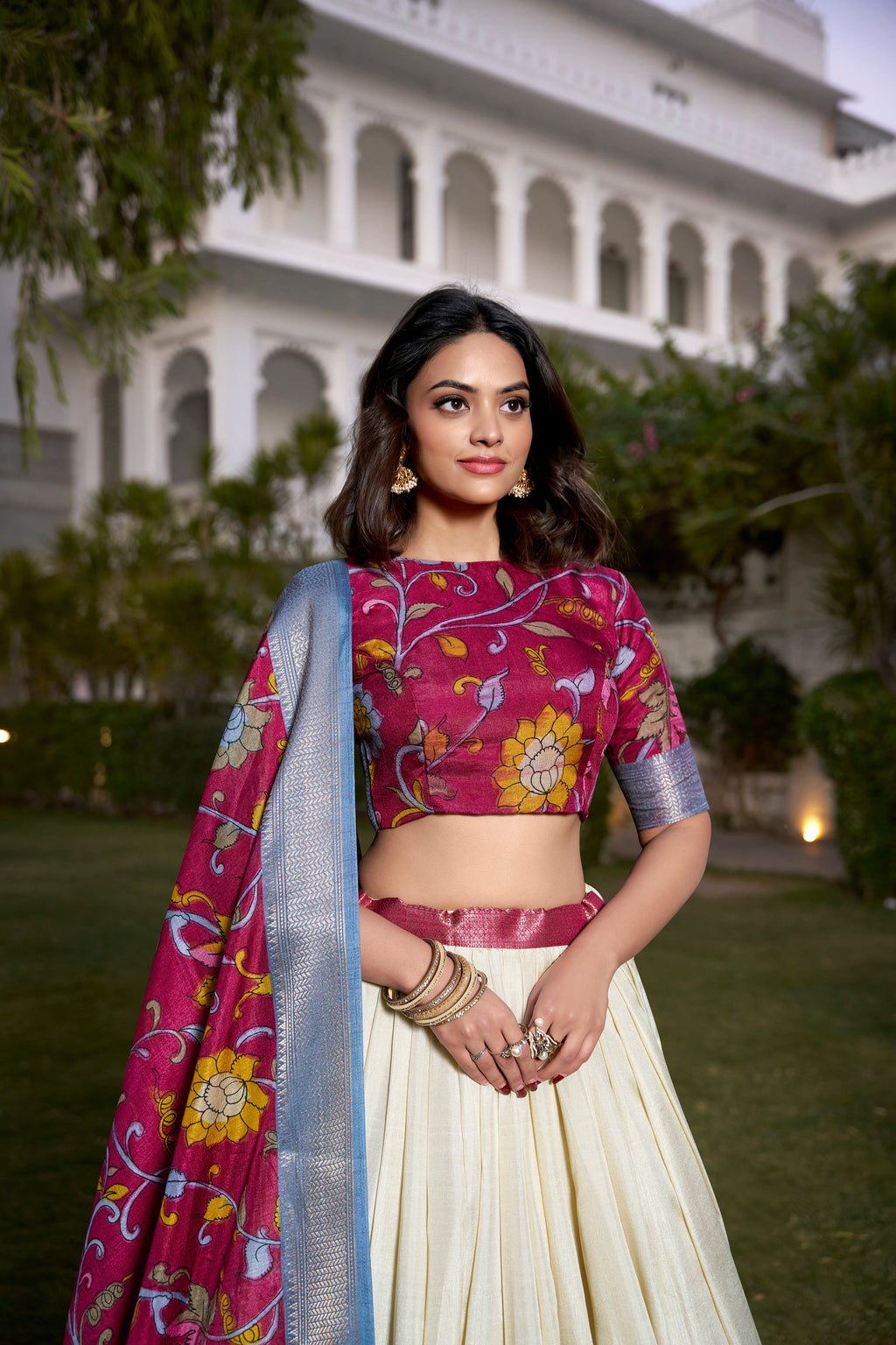 Lorenvalley White Dola Silk with Jacquard Printed (Kalamkari) with Zari Weaving Border Lehenga Choli | Grocsy