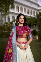 Lorenvalley White Dola Silk with Jacquard Printed (Kalamkari) with Zari Weaving Border Lehenga Choli | Grocsy