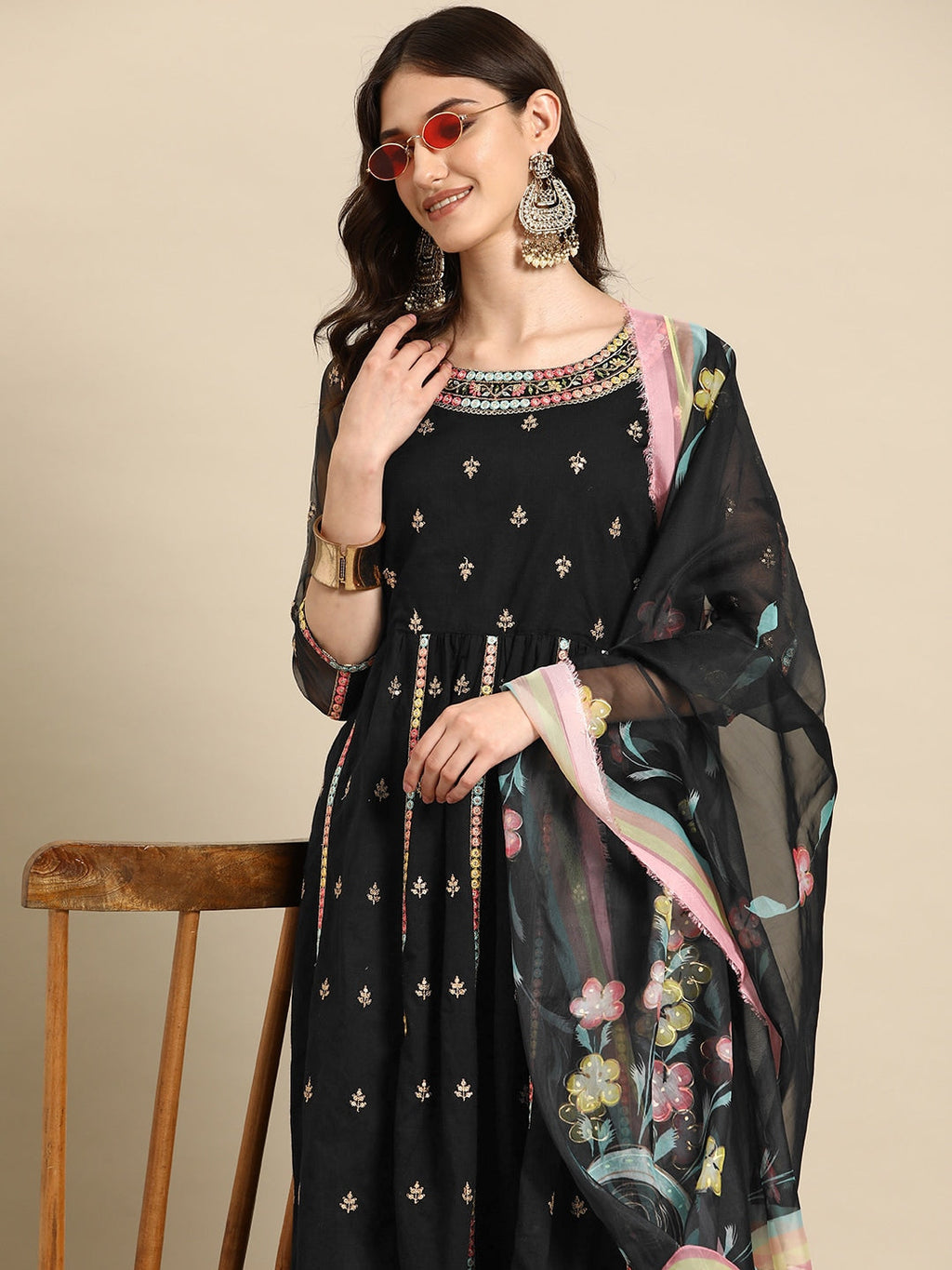 Sangria Women Embroidered Mirror Work Pure Cotton Kurta with Trousers & With Dupatta | Grocsy