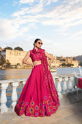 Lorenvalley Pink Tussar Silk Floral Print With Foil Work Lehenga Choli | Grocsy