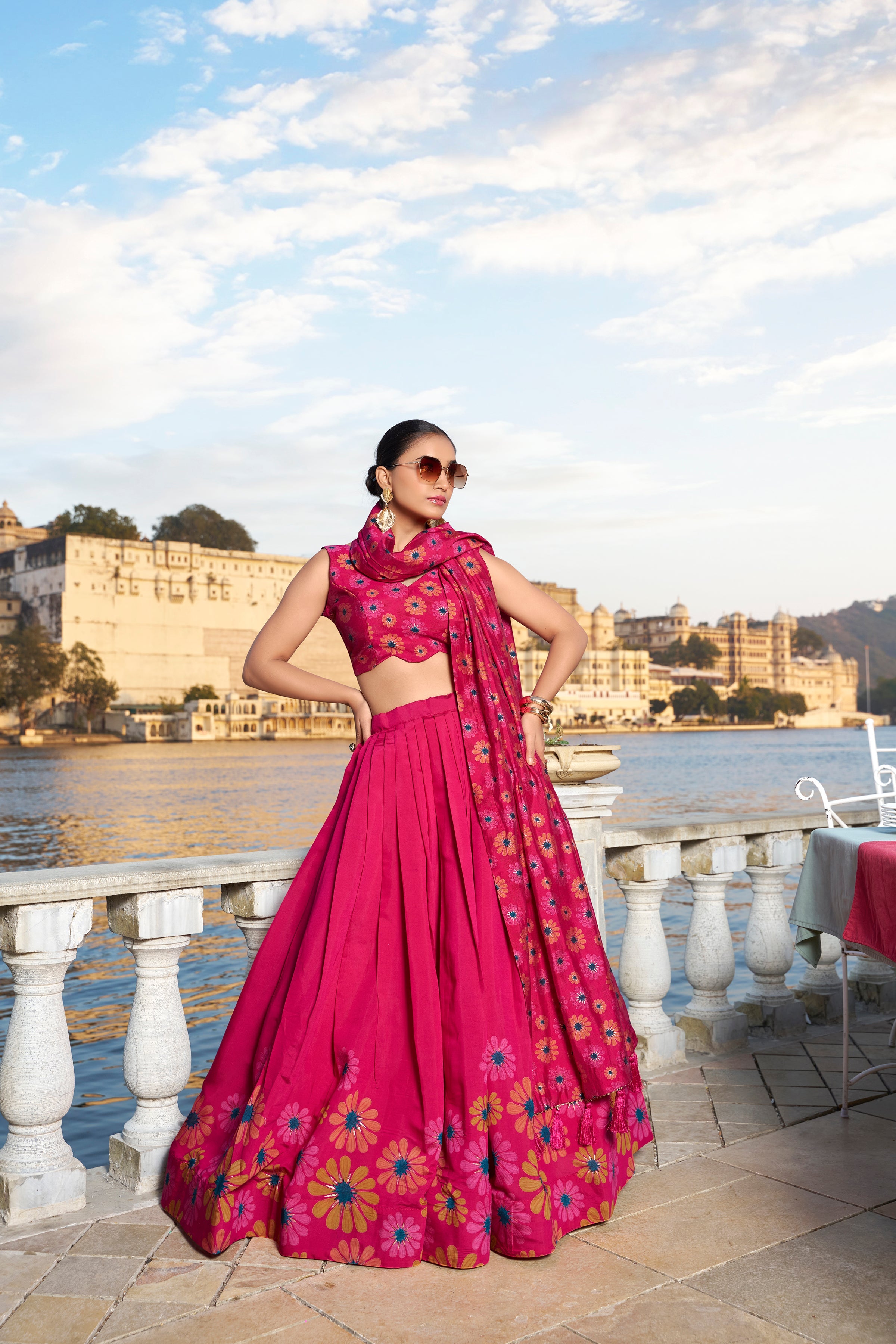 Lorenvalley Pink Tussar Silk Floral Print With Foil Work Lehenga Choli | Grocsy