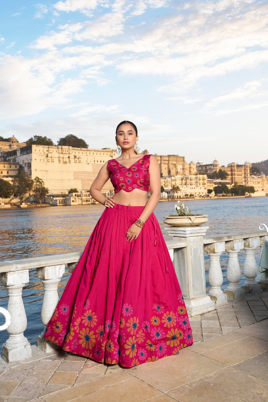 Lorenvalley Pink Tussar Silk Floral Print With Foil Work Lehenga Choli | Grocsy