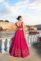 Lorenvalley Pink Tussar Silk Floral Print With Foil Work Lehenga Choli | Grocsy
