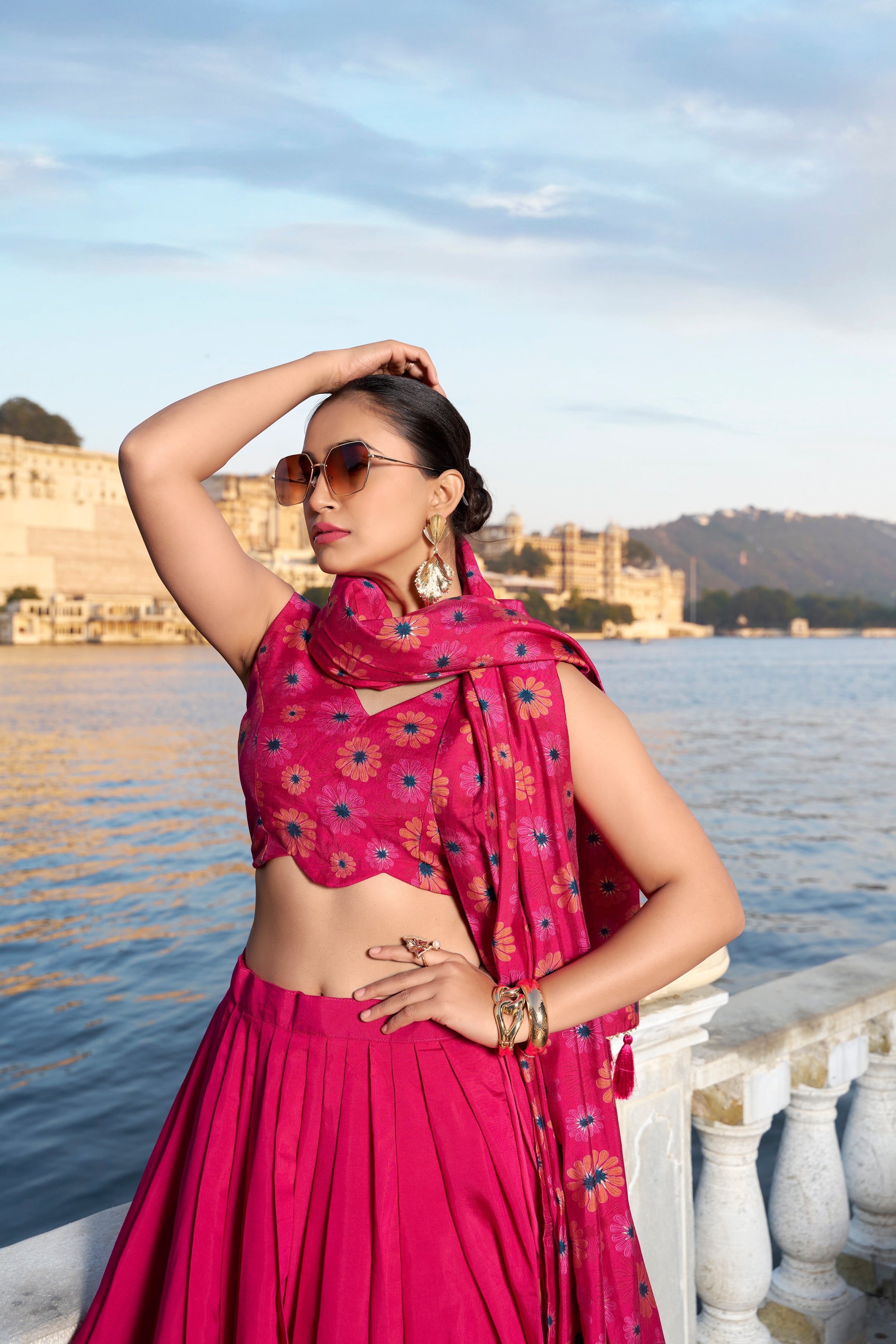 Lorenvalley Pink Tussar Silk Floral Print With Foil Work Lehenga Choli | Grocsy