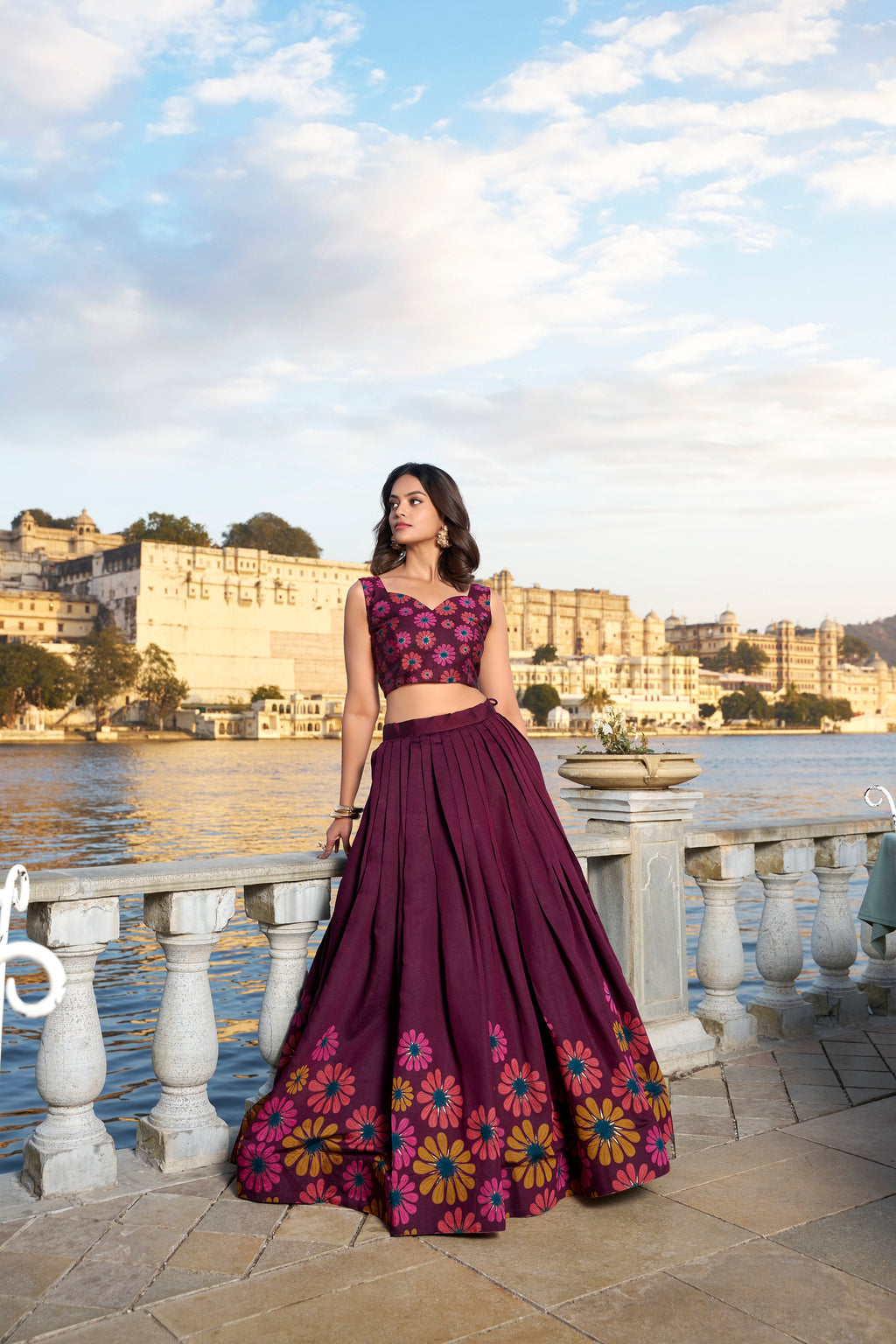 Lorenvalley Wine Tussar Silk Floral Print With Foil Work Lehenga Choli | Grocsy