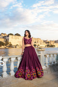 Lorenvalley Wine Tussar Silk Floral Print With Foil Work Lehenga Choli | Grocsy