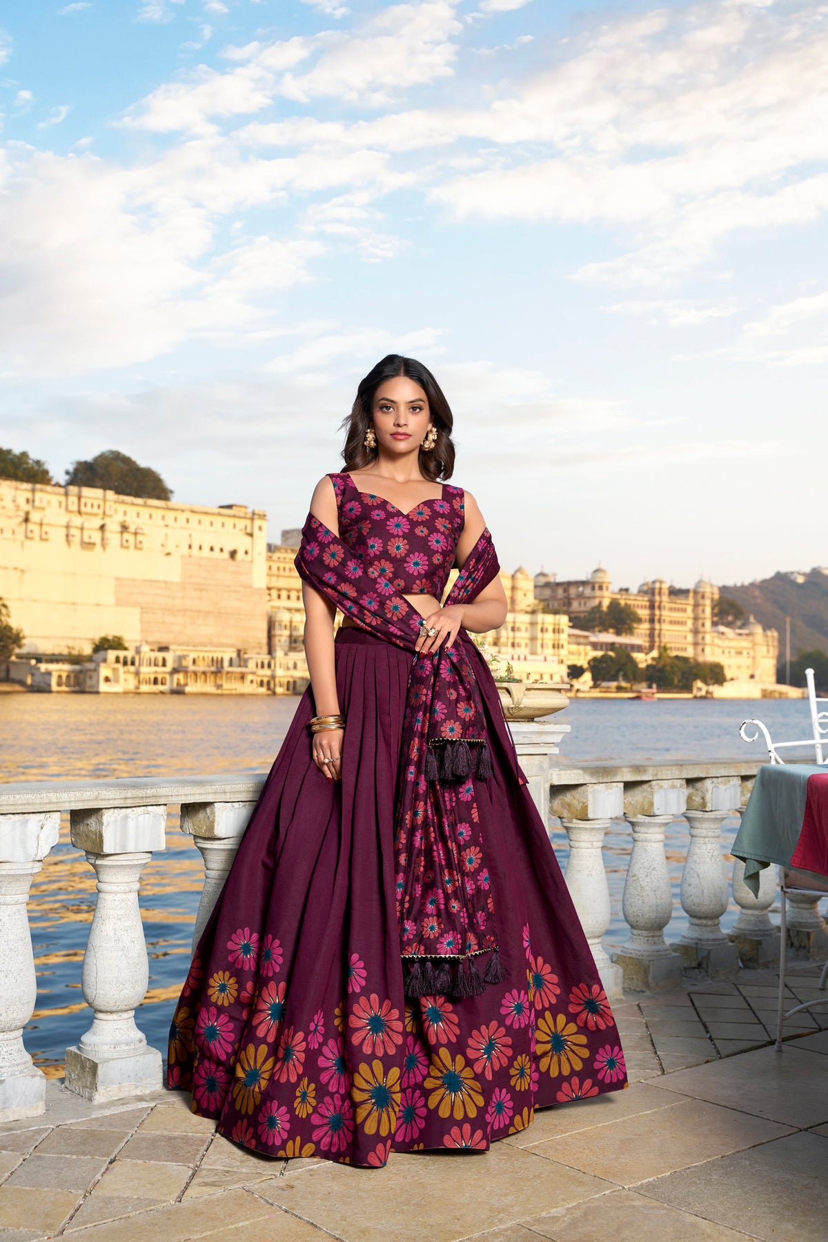 Lorenvalley Wine Tussar Silk Floral Print With Foil Work Lehenga Choli | Grocsy