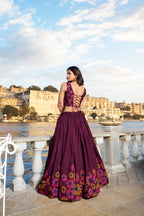 Lorenvalley Wine Tussar Silk Floral Print With Foil Work Lehenga Choli | Grocsy