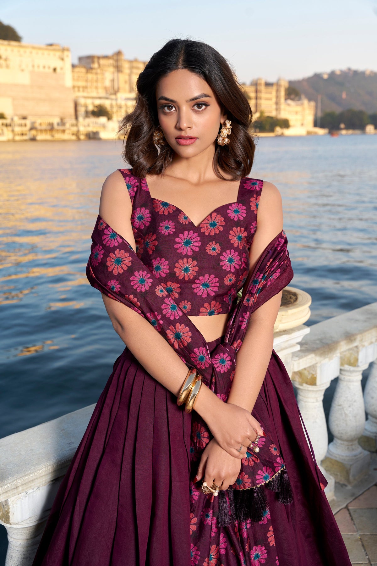 Lorenvalley Wine Tussar Silk Floral Print With Foil Work Lehenga Choli | Grocsy