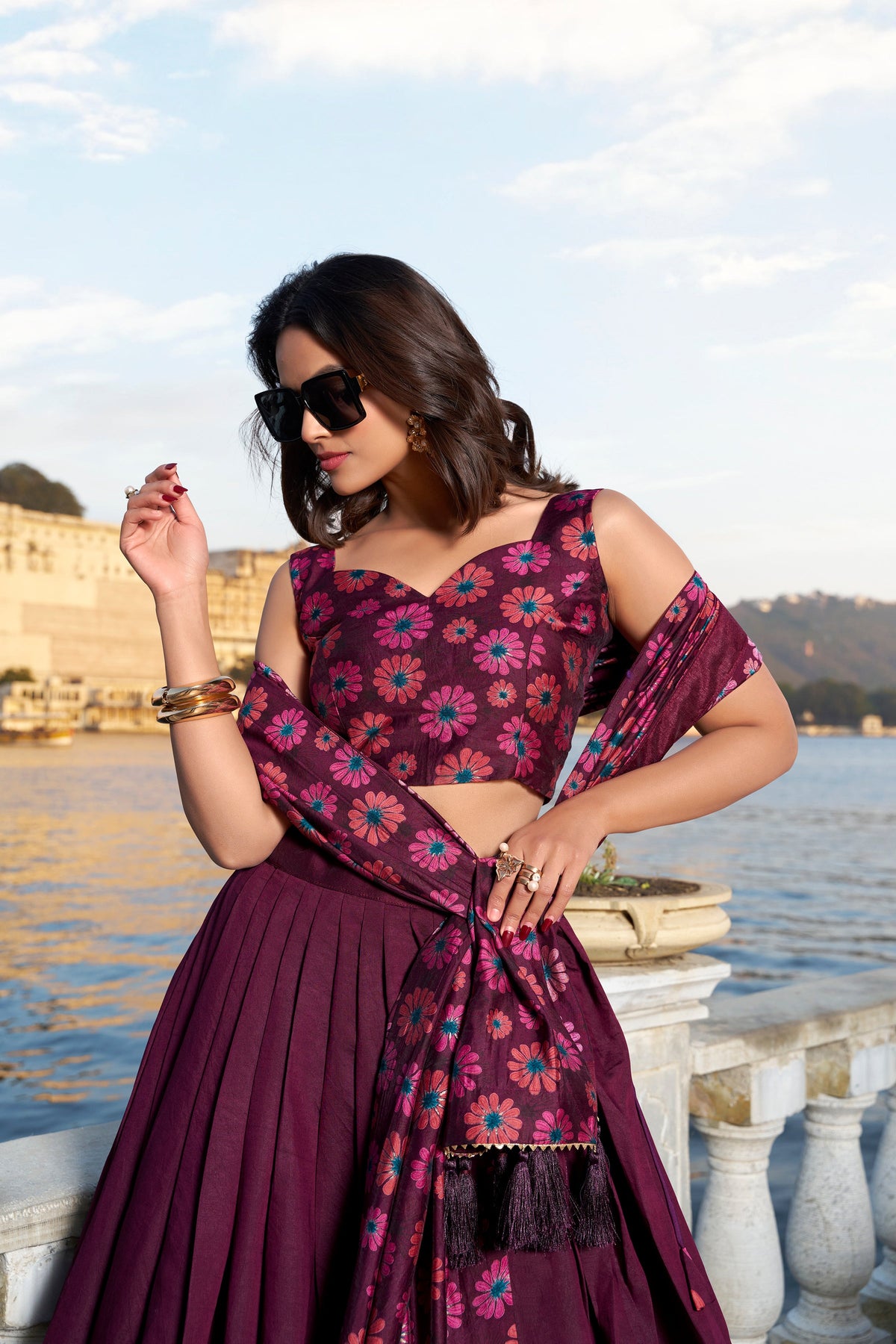Lorenvalley Wine Tussar Silk Floral Print With Foil Work Lehenga Choli | Grocsy