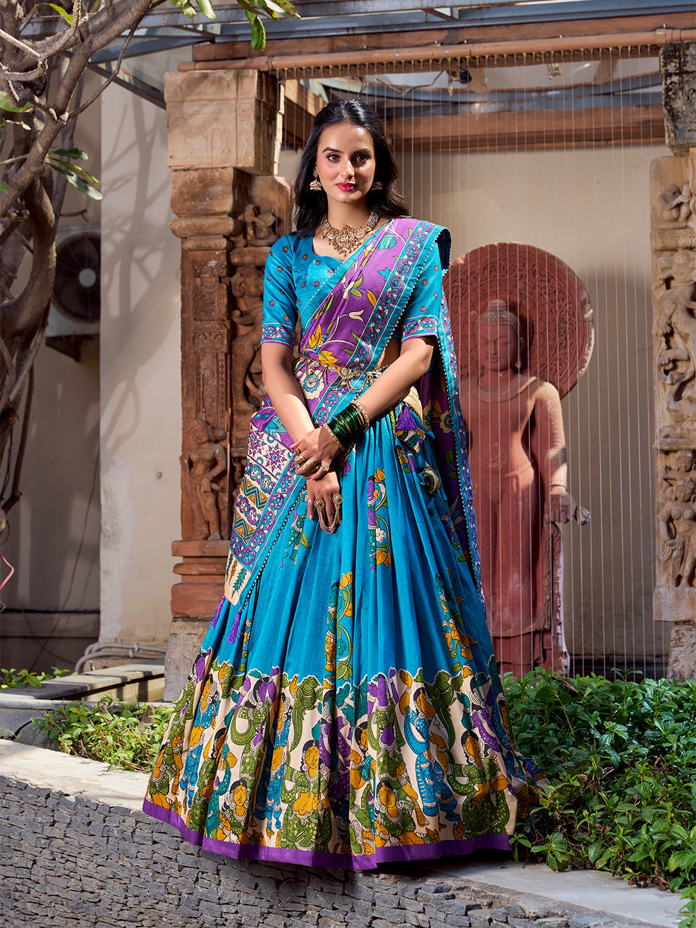 Lorenvalley Firozi Tussar Silk Kalamkari With Foil Work Lehenga Choli | Grocsy