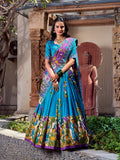 Lorenvalley Firozi Tussar Silk Kalamkari With Foil Work Lehenga Choli | Grocsy