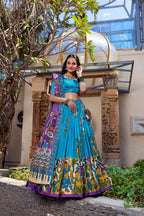Lorenvalley Firozi Tussar Silk Kalamkari With Foil Work Lehenga Choli | Grocsy
