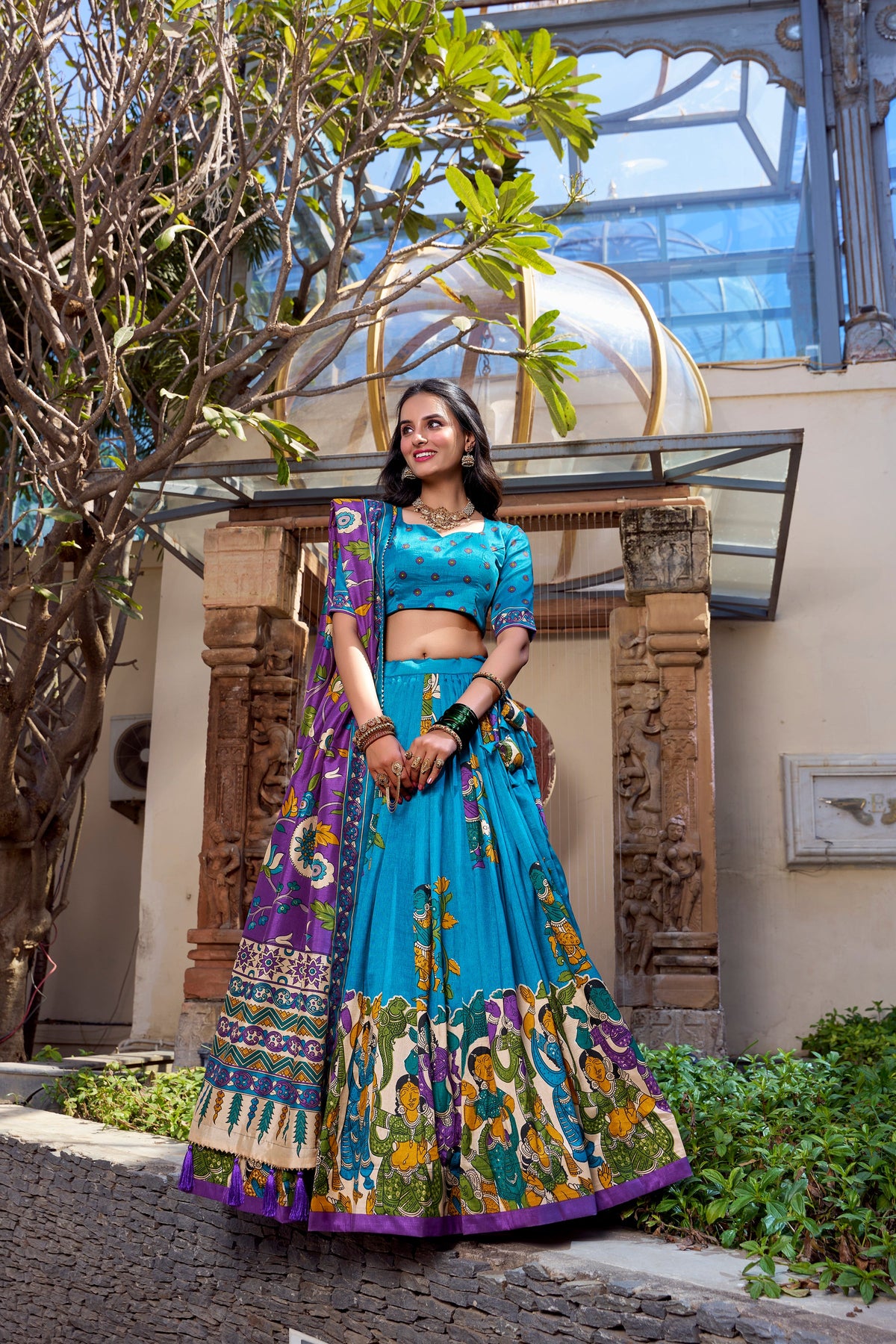 Lorenvalley Firozi Tussar Silk Kalamkari With Foil Work Lehenga Choli | Grocsy