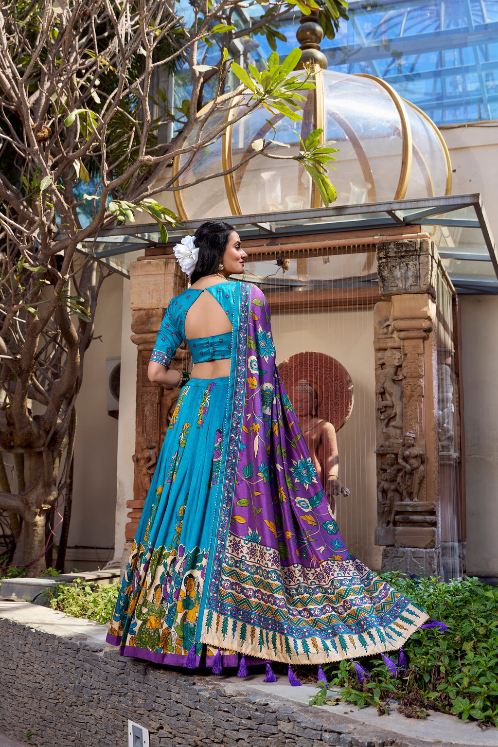 Lorenvalley Firozi Tussar Silk Kalamkari With Foil Work Lehenga Choli | Grocsy