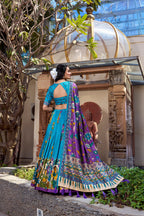 Lorenvalley Firozi Tussar Silk Kalamkari With Foil Work Lehenga Choli | Grocsy