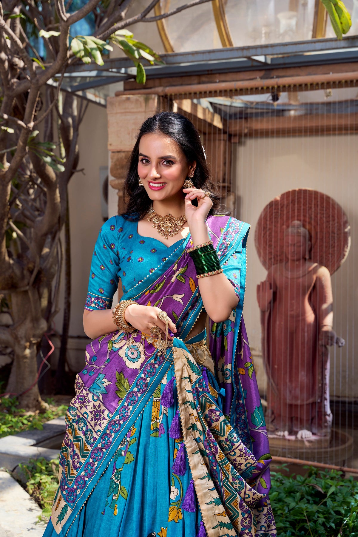 Lorenvalley Firozi Tussar Silk Kalamkari With Foil Work Lehenga Choli | Grocsy