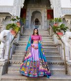 Lorenvalley Lavender Tussar Silk Kalamkari With Foil Work Lehenga Choli with Dupatta | Grocsy