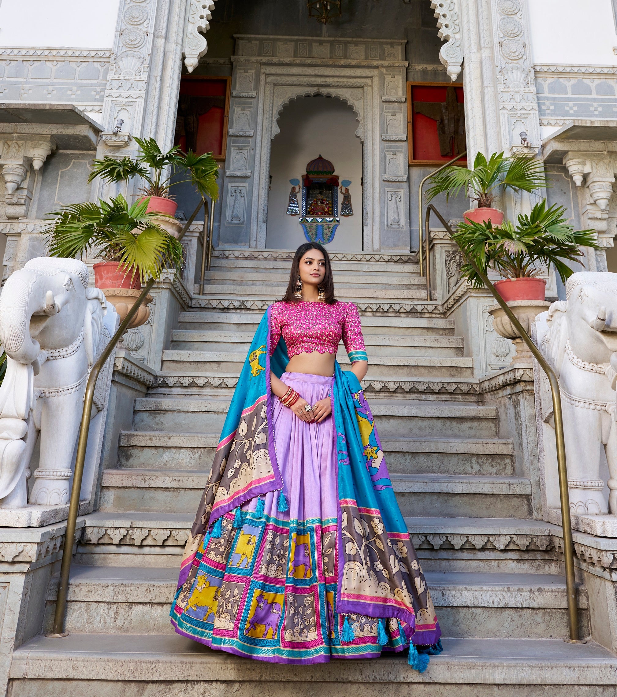 Lorenvalley Lavender Tussar Silk Kalamkari With Foil Work Lehenga Choli with Dupatta | Grocsy