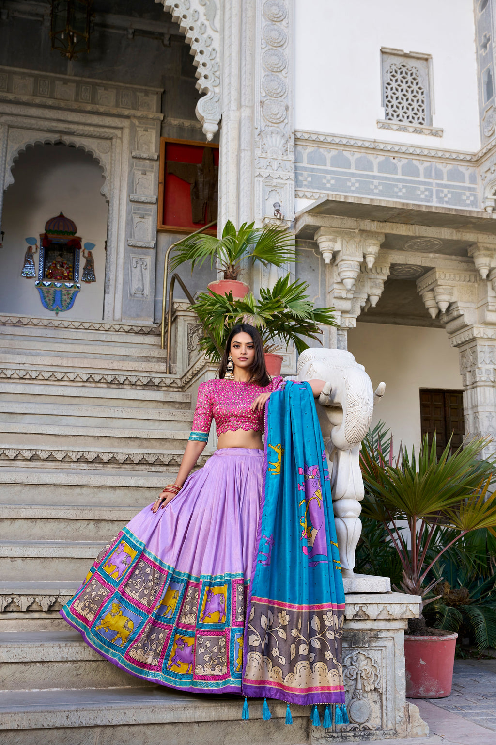 Lorenvalley Lavender Tussar Silk Kalamkari With Foil Work Lehenga Choli with Dupatta | Grocsy