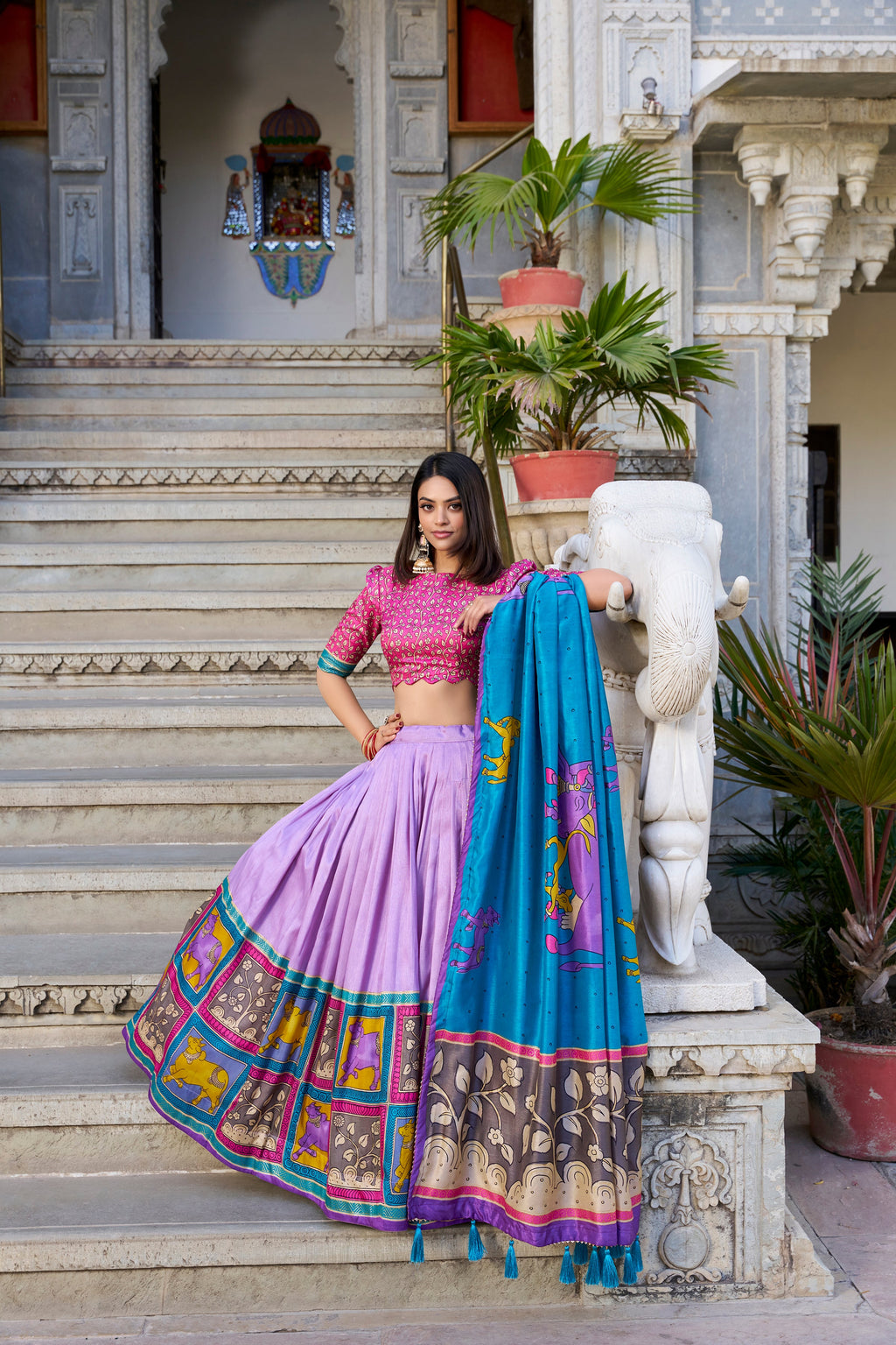 Lorenvalley Lavender Tussar Silk Kalamkari With Foil Work Lehenga Choli with Dupatta | Grocsy